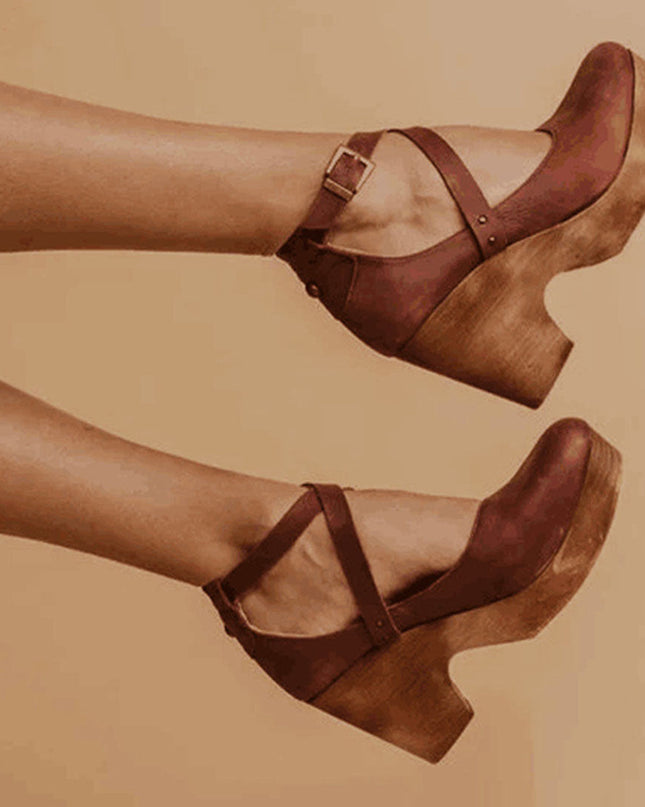 Women’s Cross Strap Wooden Heel Pumps