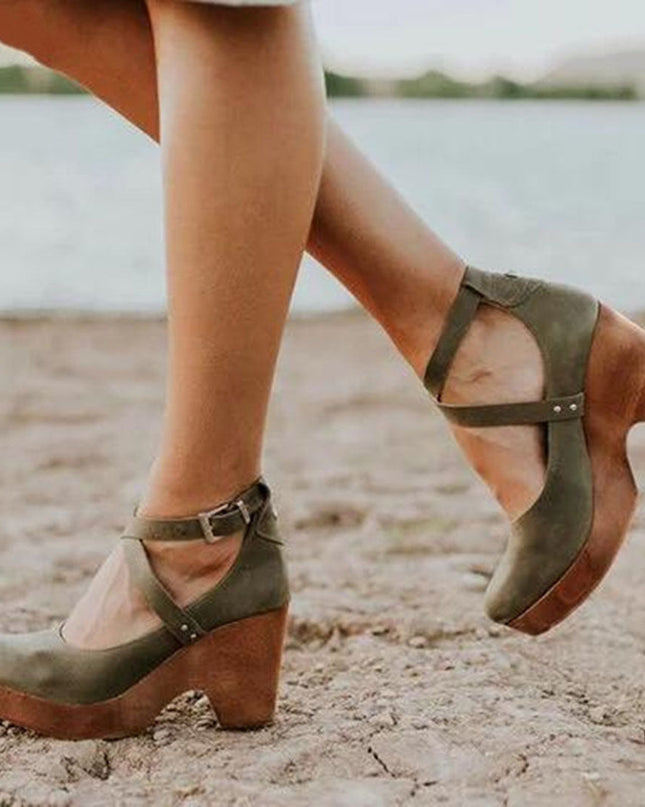 Women’s Cross Strap Wooden Heel Pumps