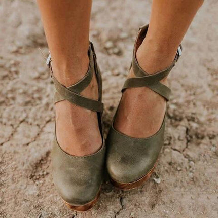 Women’s Cross Strap Wooden Heel Pumps