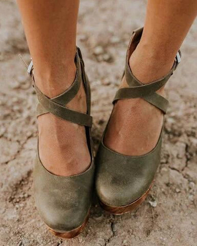 Women’s Cross Strap Wooden Heel Pumps