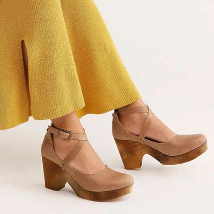 Women’s Cross Strap Wooden Heel Pumps