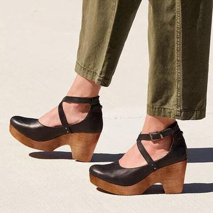 Women’s Cross Strap Wooden Heel Pumps