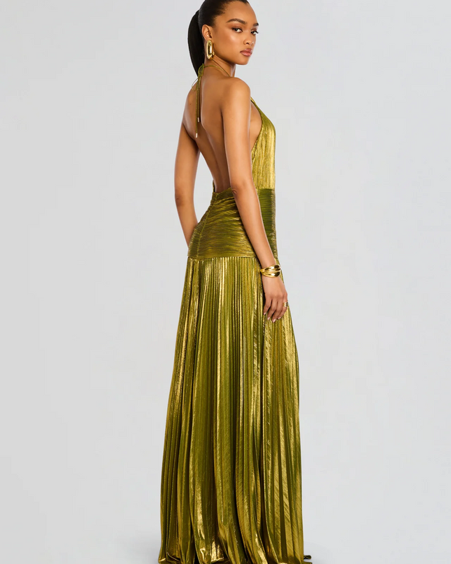 Women’s Metallic Pleated Halter Maxi Dress