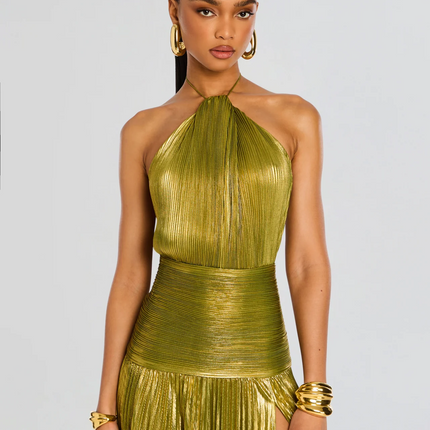 Women’s Metallic Pleated Halter Maxi Dress