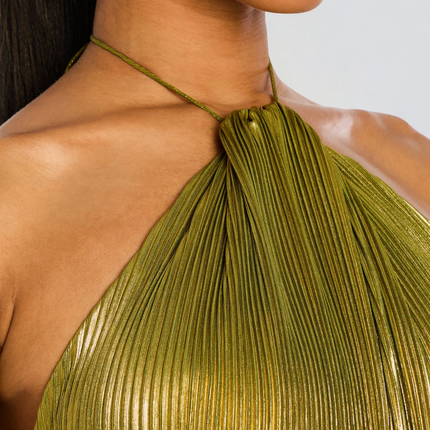Women’s Metallic Pleated Halter Maxi Dress