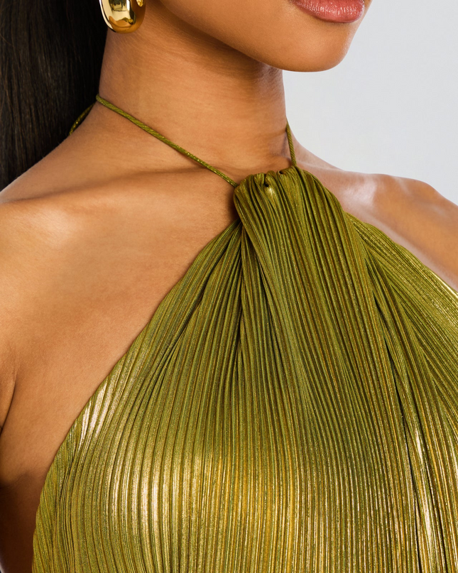 Women’s Metallic Pleated Halter Maxi Dress