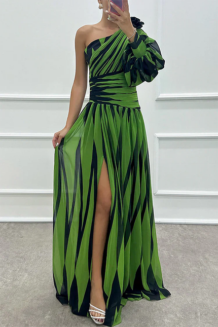 Women’s One-Shoulder Stripe Maxi Dress