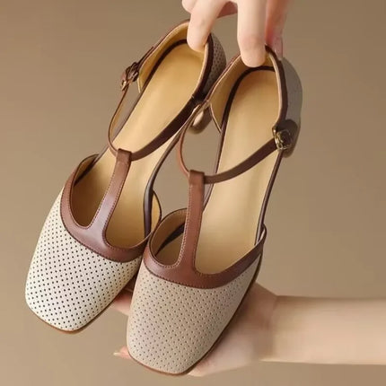 Women’s Perforated T-Strap Block Heel Shoes