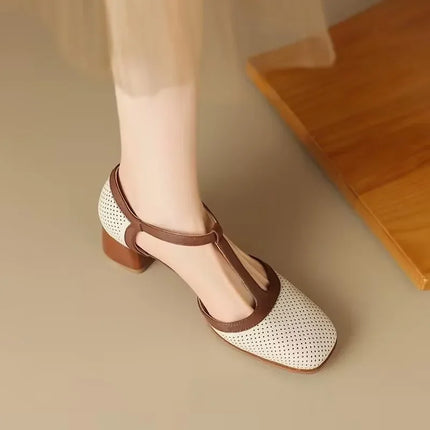 Women’s Perforated T-Strap Block Heel Shoes