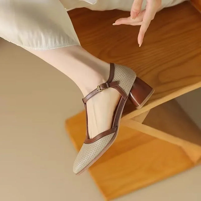 Women’s Perforated T-Strap Block Heel Shoes