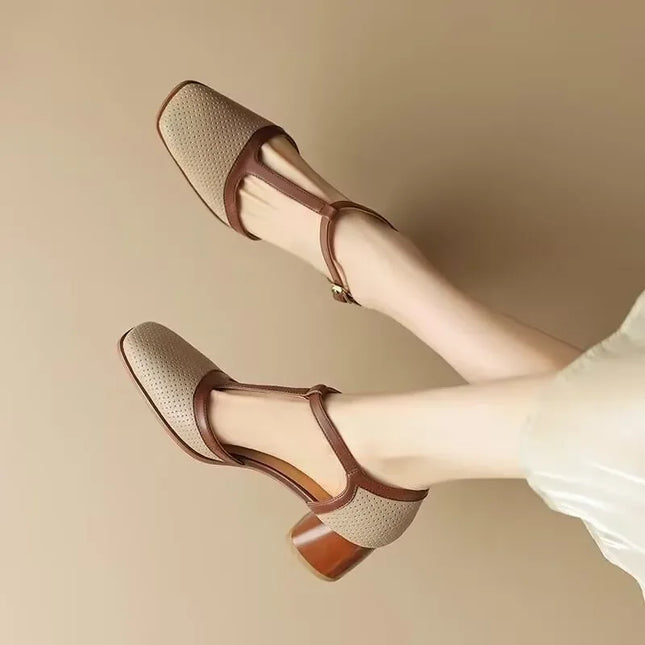 Women’s Perforated T-Strap Block Heel Shoes
