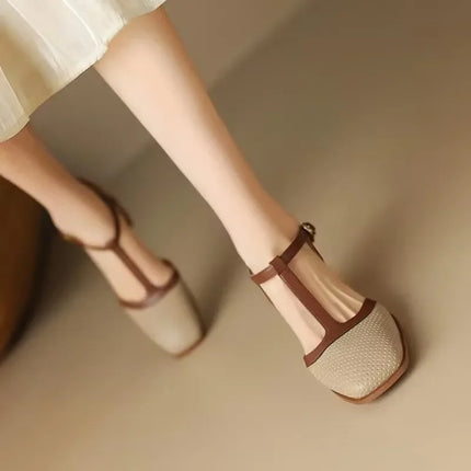 Women’s Perforated T-Strap Block Heel Shoes
