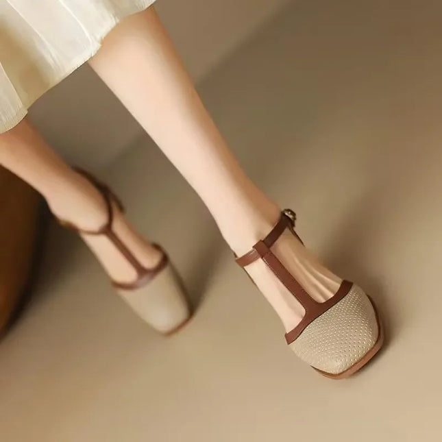 Women’s Perforated T-Strap Block Heel Shoes