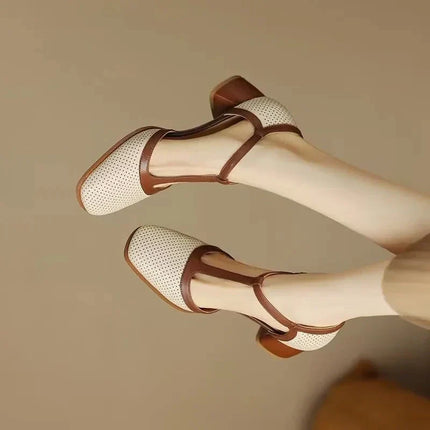 Women’s Perforated T-Strap Block Heel Shoes