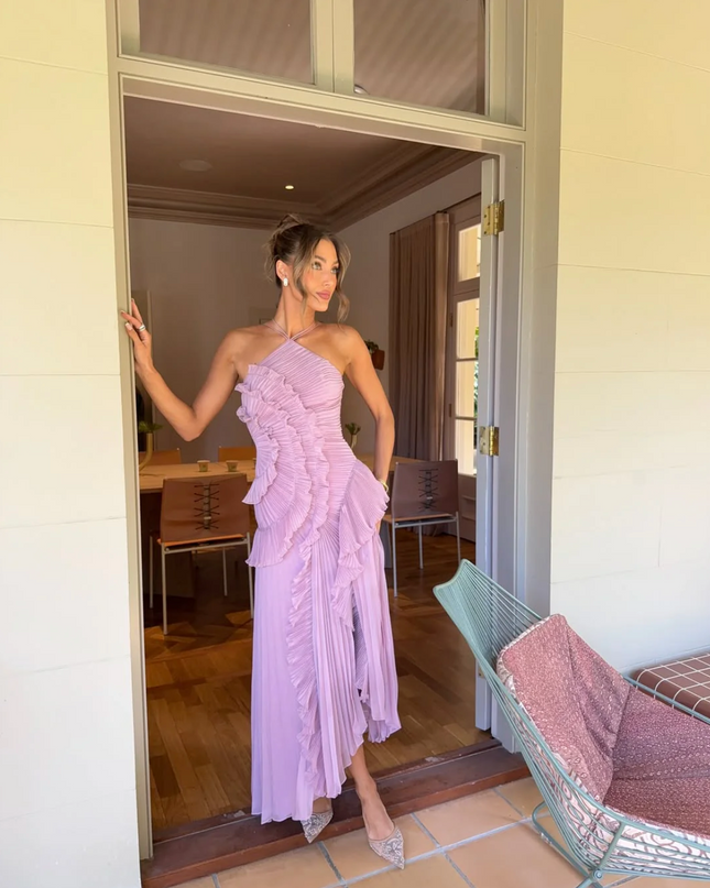 Women’s Pleated Ruffle Halter Summer Wedding Guest Dress