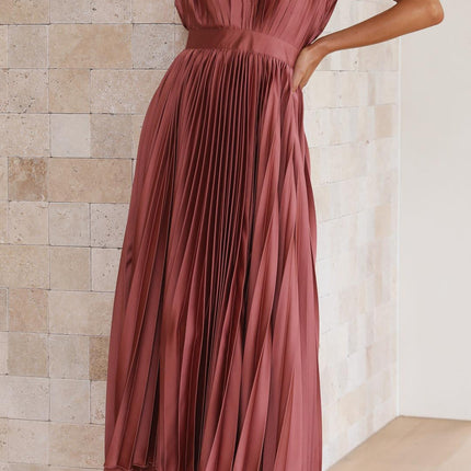 Women’s Pleated V-Neck Midi Wedding Guest Dress