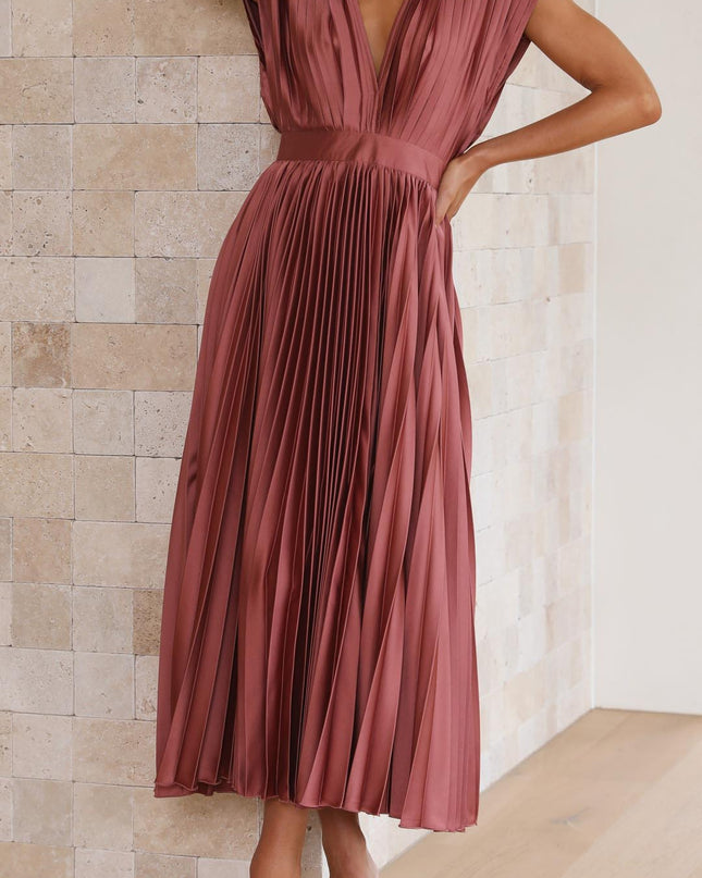 Women’s Pleated V-Neck Midi Wedding Guest Dress
