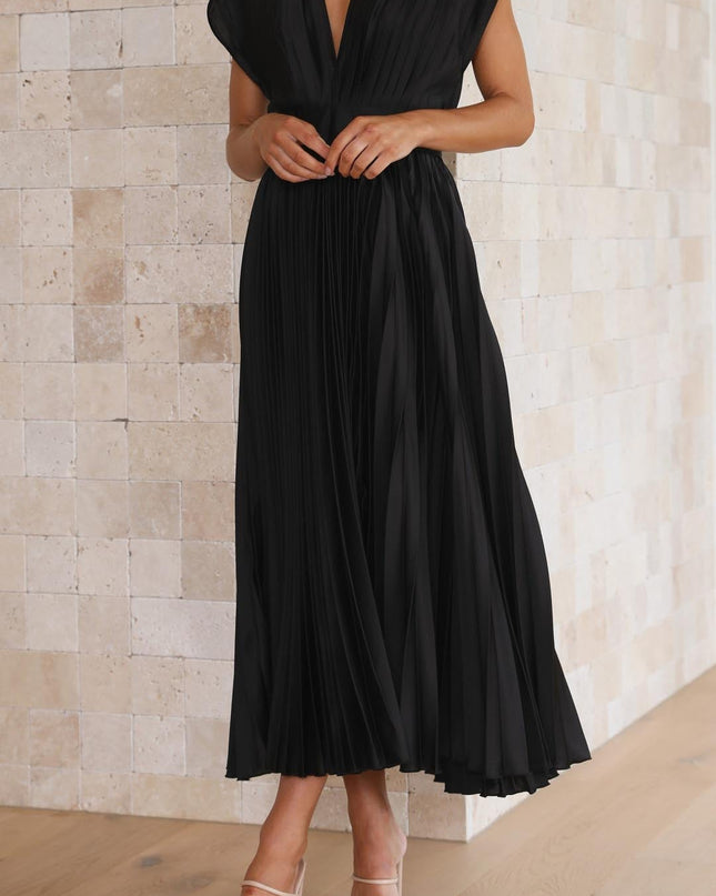 Women’s Pleated V-Neck Midi Wedding Guest Dress