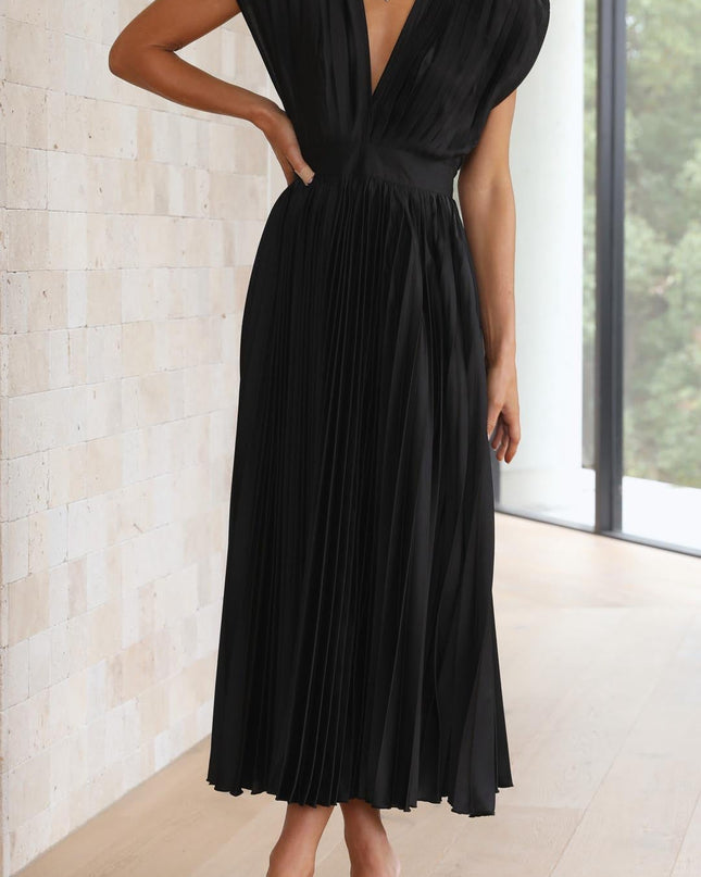 Women’s Pleated V-Neck Midi Wedding Guest Dress