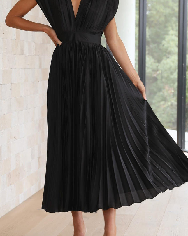 Women’s Pleated V-Neck Midi Wedding Guest Dress