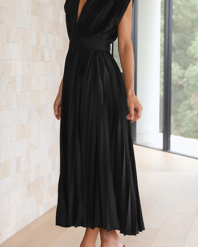 Women’s Pleated V-Neck Midi Wedding Guest Dress