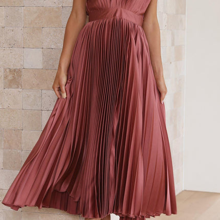 Women’s Pleated V-Neck Midi Wedding Guest Dress
