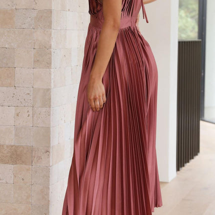 Women’s Pleated V-Neck Midi Wedding Guest Dress