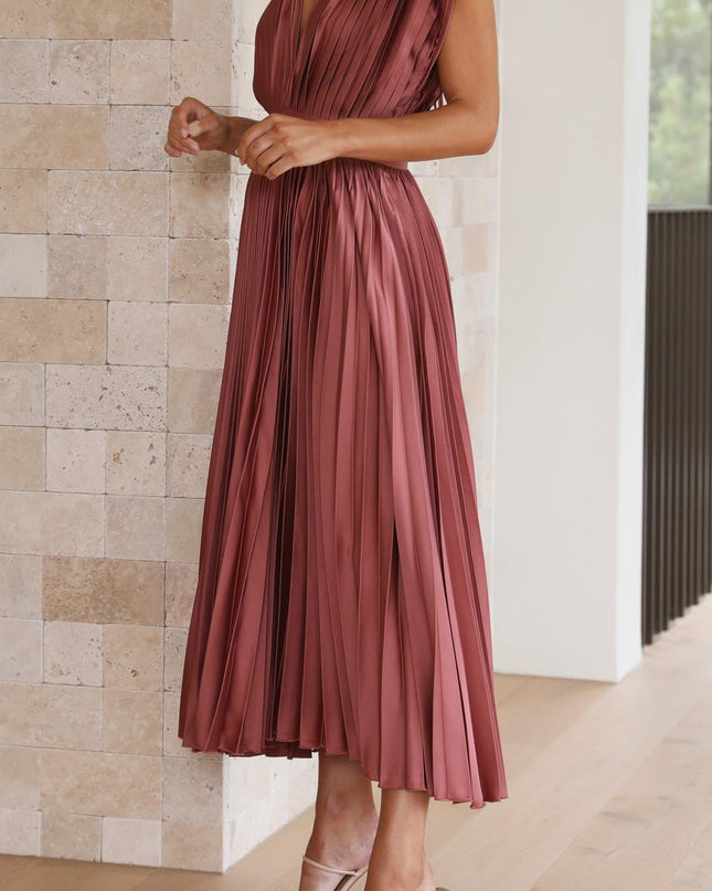Women’s Pleated V-Neck Midi Wedding Guest Dress