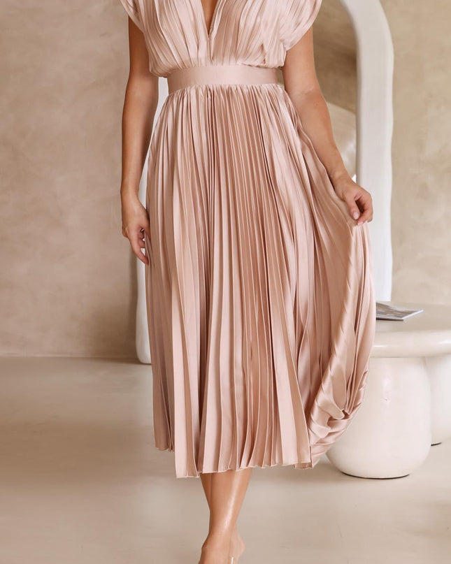 Women’s Pleated V-Neck Midi Wedding Guest Dress