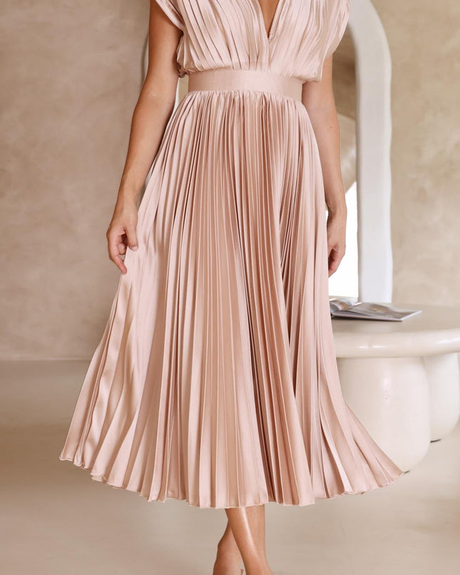 Women’s Pleated V-Neck Midi Wedding Guest Dress