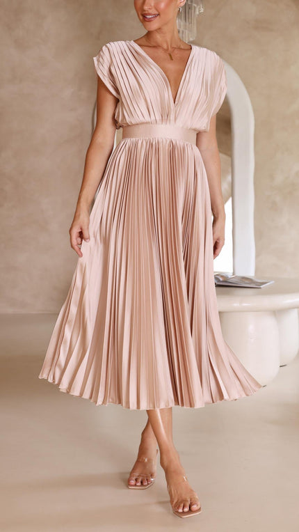 Women’s Pleated V-Neck Midi Wedding Guest Dress