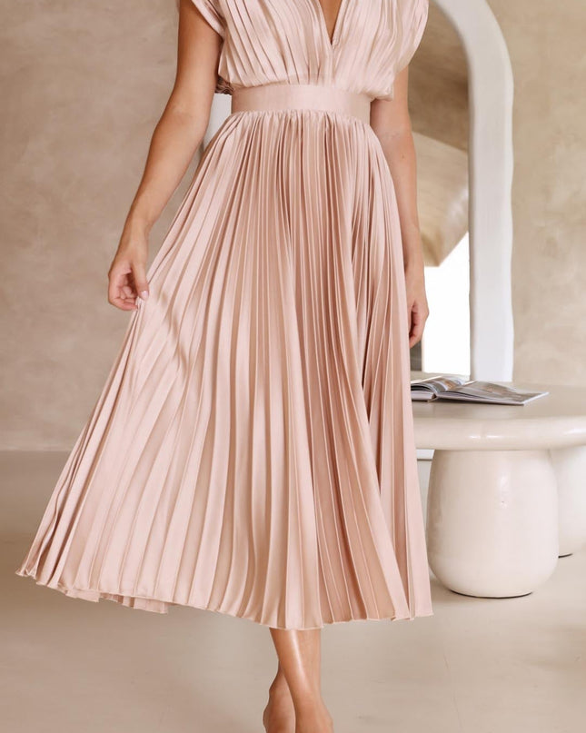 Women’s Pleated V-Neck Midi Wedding Guest Dress