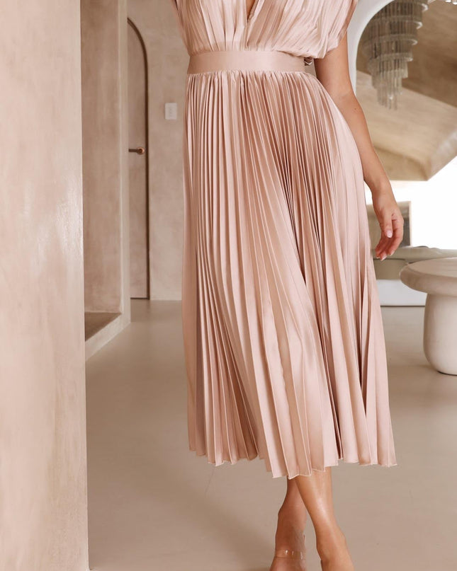 Women’s Pleated V-Neck Midi Wedding Guest Dress