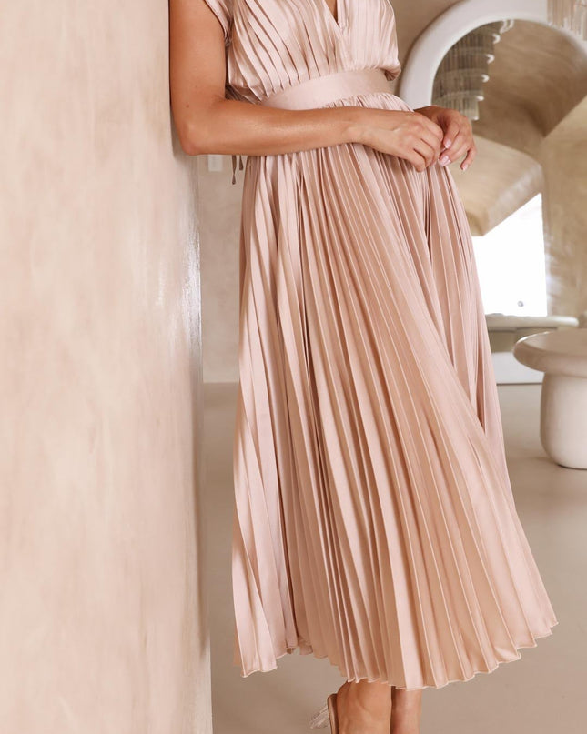 Women’s Pleated V-Neck Midi Wedding Guest Dress