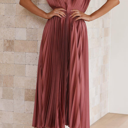 Women’s Pleated V-Neck Midi Wedding Guest Dress