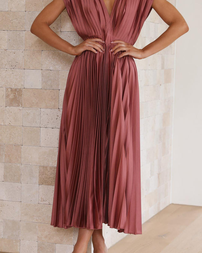 Women’s Pleated V-Neck Midi Wedding Guest Dress