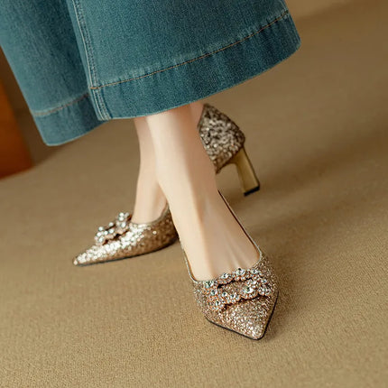Women’s Rhinestone Buckle Pointed Toe Heels