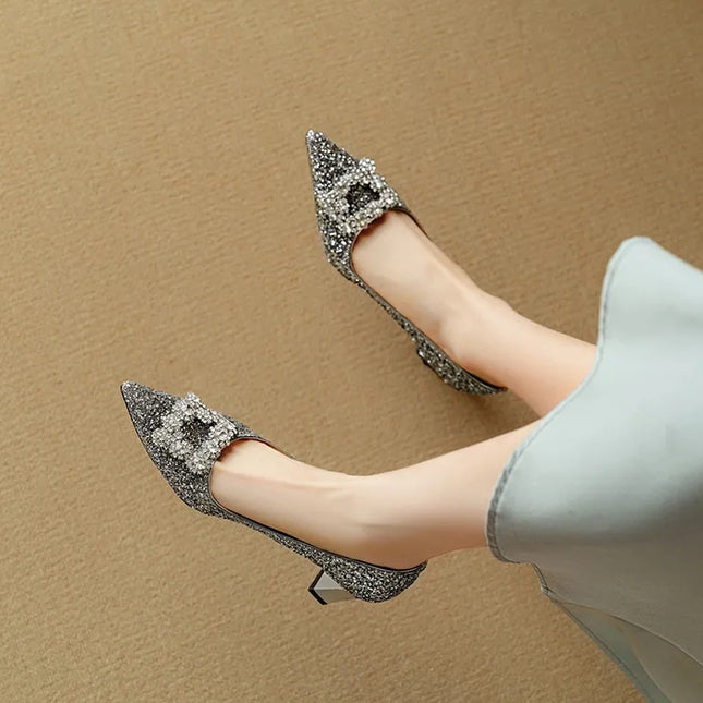 Women’s Rhinestone Buckle Pointed Toe Heels