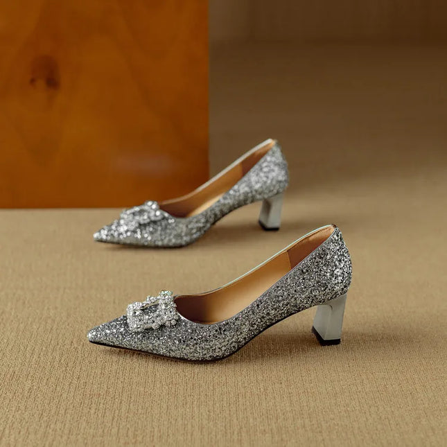 Women’s Rhinestone Buckle Pointed Toe Heels