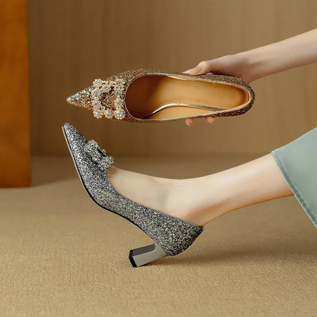 Women’s Rhinestone Buckle Pointed Toe Heels