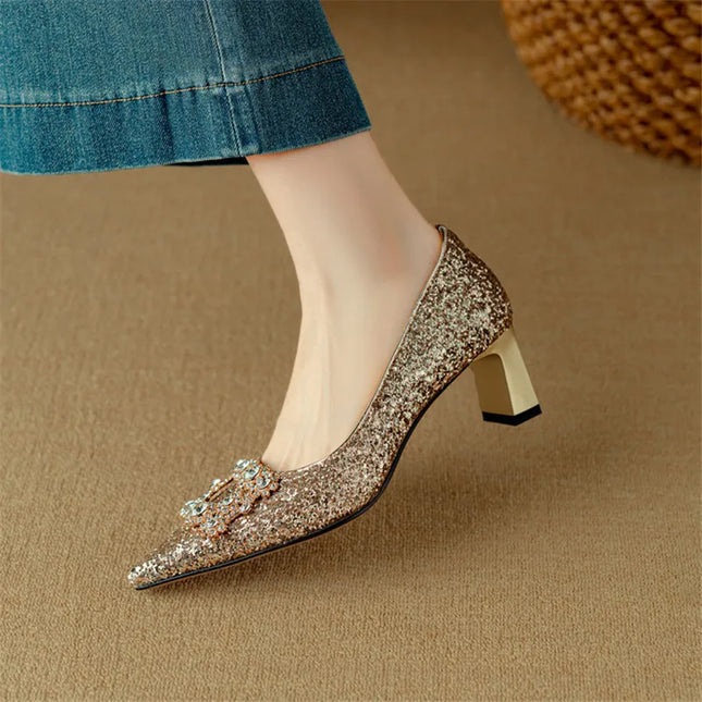 Women’s Rhinestone Buckle Pointed Toe Heels