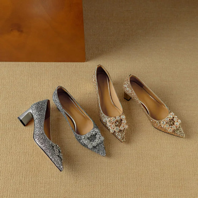 Women’s Rhinestone Buckle Pointed Toe Heels