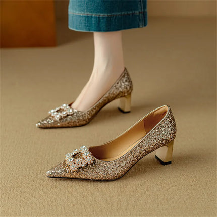 Women’s Rhinestone Buckle Pointed Toe Heels