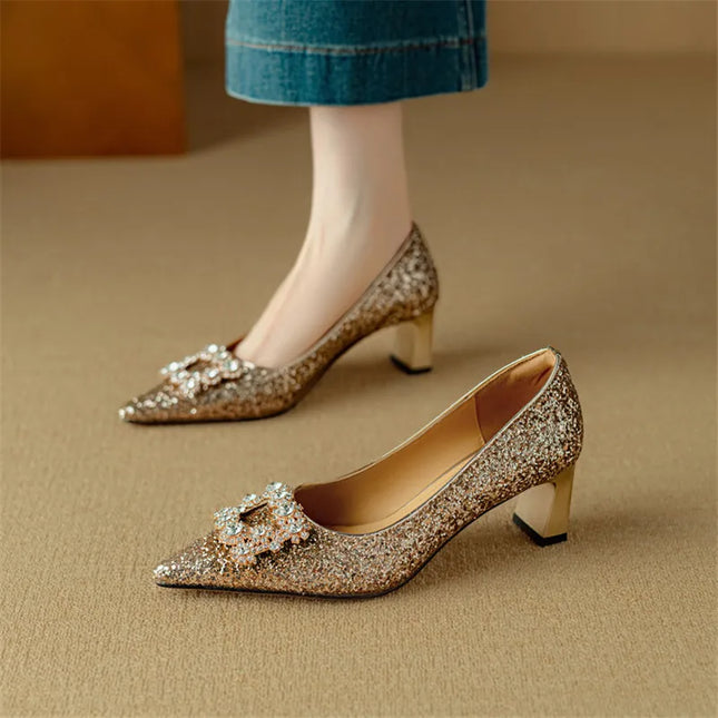 Women’s Rhinestone Buckle Pointed Toe Heels