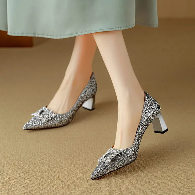 Women’s Rhinestone Buckle Pointed Toe Heels