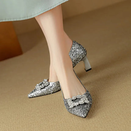 Women’s Rhinestone Buckle Pointed Toe Heels
