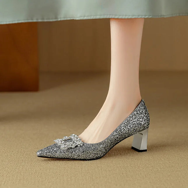 Women’s Rhinestone Buckle Pointed Toe Heels