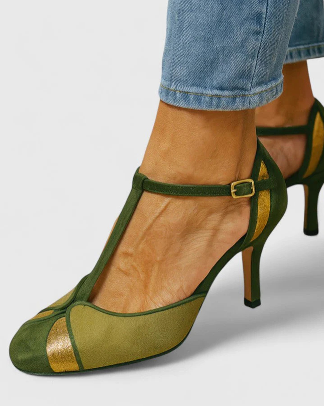 Women’s T-Strap Contrast Panel Heels
