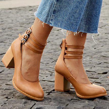 Women’s Triple Strap Block Heel Pumps