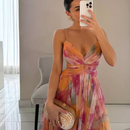 Women’s Watercolor Pleated Summer Maxi Wedding Guest Dress